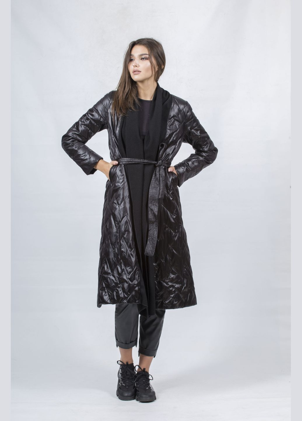 Черное демисезонное Женское осеннее синтепоновое пальто на запах без застежки, серое или черное Clasna (, ), 43592 No Brand