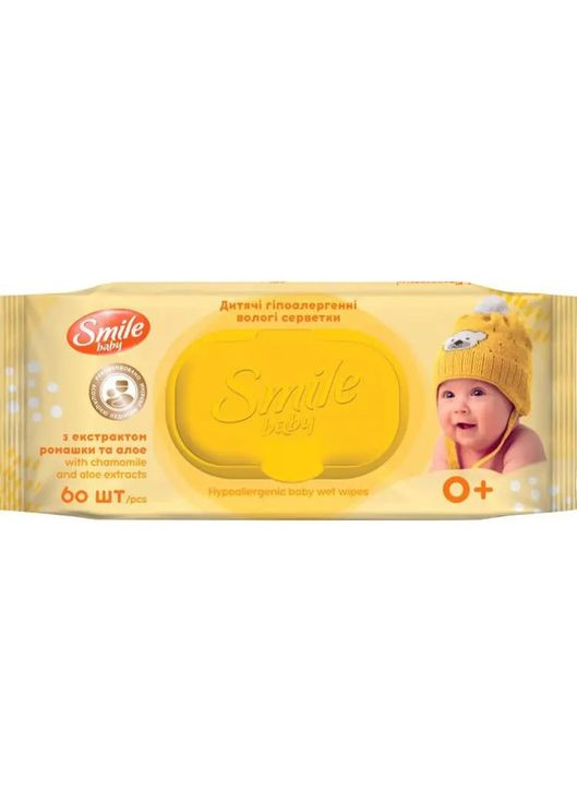 Влажные салфетки с экстрактом ромашки и алоэ, 60 шт. Smile Baby (331788056)