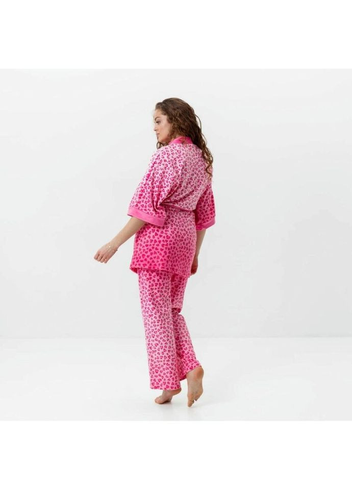 Комбинированная всесезон комплект женский из плюшевого велюра штаны и халат розовый леопард 3420_s 15963 s FlexDress