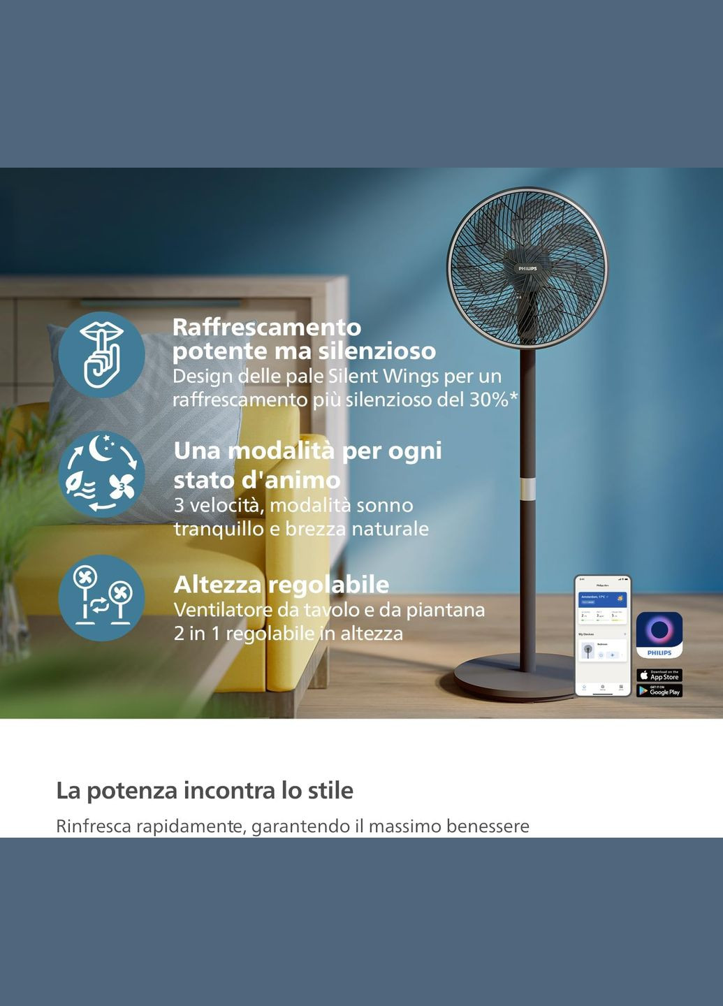 Вентилятор напольный Series 3000, 40см, 48Вт, управление через смартфон, регулировка высоты, черный Philips (330031406)