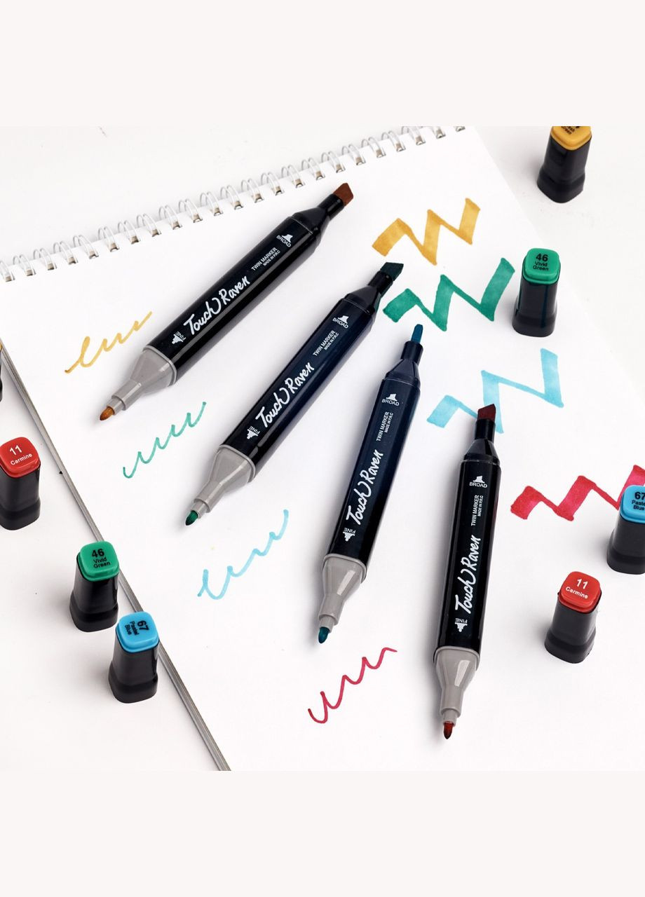 Великий набір скетч маркерів 60 кольорів Touch у чорному чохлі та Блокнот А5 для малювання у подарунок! Raven (337341889)