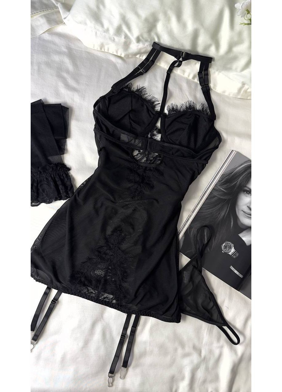 Черный комплект женского белья с пеньюаром и чулками Simply sexy