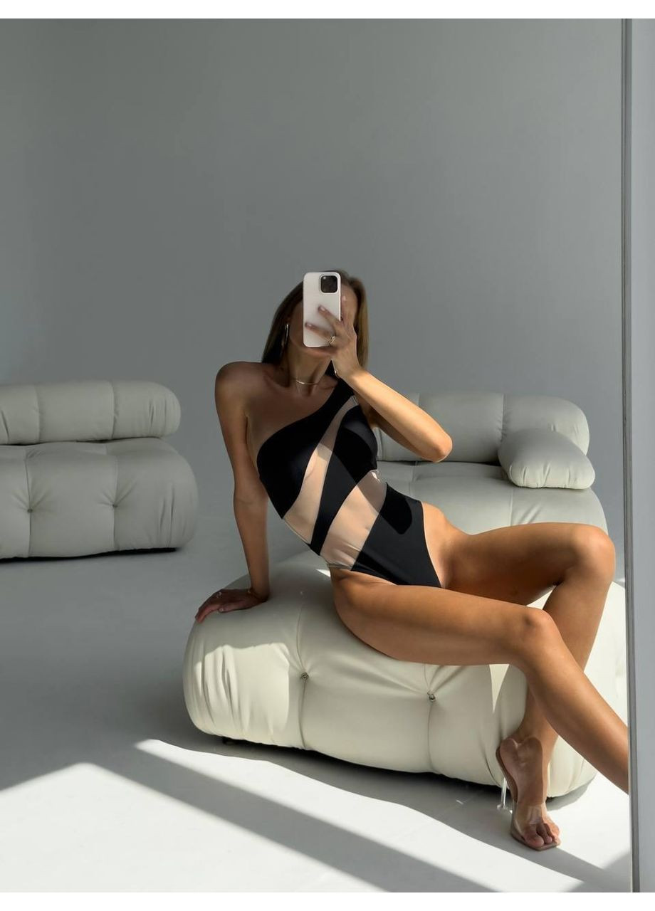 Черный летний женский сплошной купальник с асимметрией и прозрачными вставками / женский асимметричный купальник черный No Brand