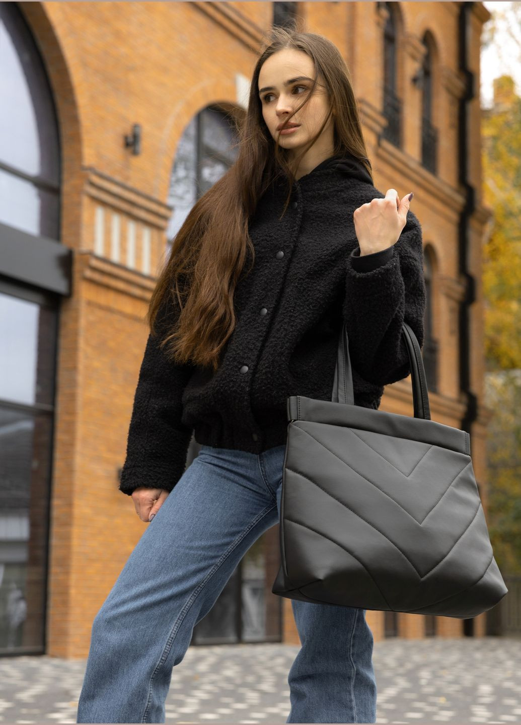 Женская большая сумка шопер строченая черная Sambag (326801662)