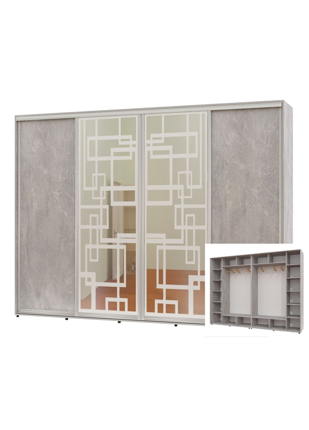 Шкаф-купе четырехдверный 340*60*240 Индастриал 2 ДСП/2 Зеркала с пескоструйным рисунком Алекса (360476939)