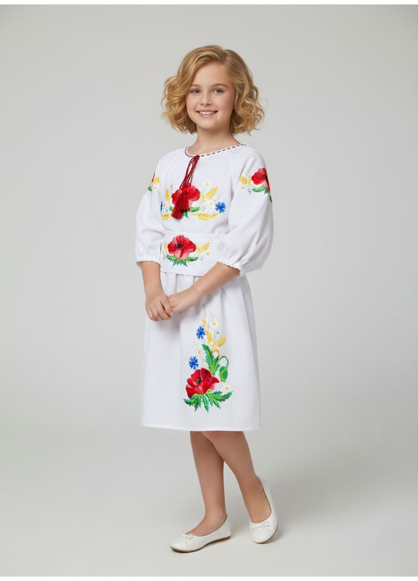Белая белое вышитое платье для девочки мак-василёк НоКо узор орнамент полиэстер (370886113)