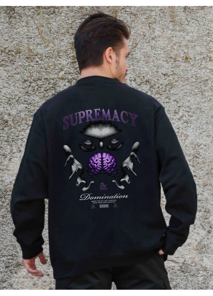 Черный утепленный оверсайз свитшот на флисе с принтом supermacy black Without (362441418)