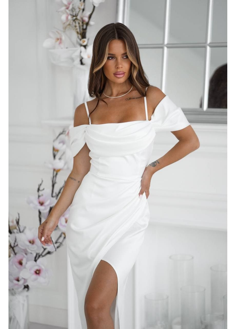 Молочна святковий, вечірня жіноча вечірня сукня максі з відкритими плечима та високим розрізом з відкритими плечима MonCher