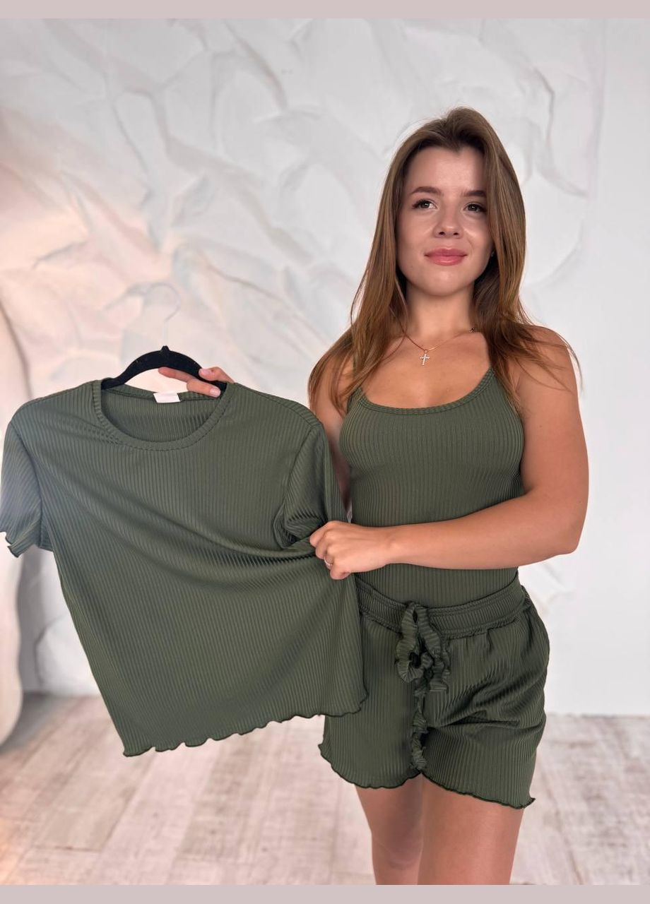 Оливкова (хакі) жіноча піжама 3ка хакі (п4к-al-rub-25-0016-03) No Brand
