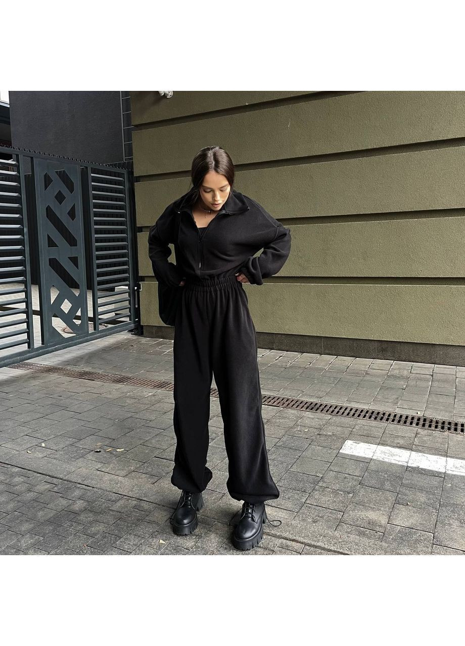 Жіночий комбінезон зі флісу FINO Mode комбінезон-брюки однотонний чорний спортивний, повсякденний, домашній, кежуал фліс