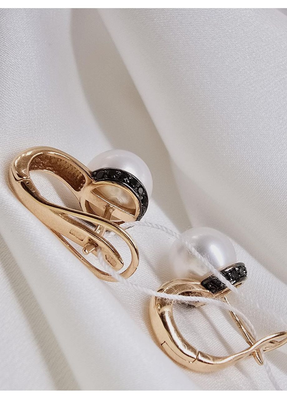 Золоті сережки з перлами та чорними фіанітами, червоне золото 585 проби 2191010101-1с SOVA jewelry house (355795750)