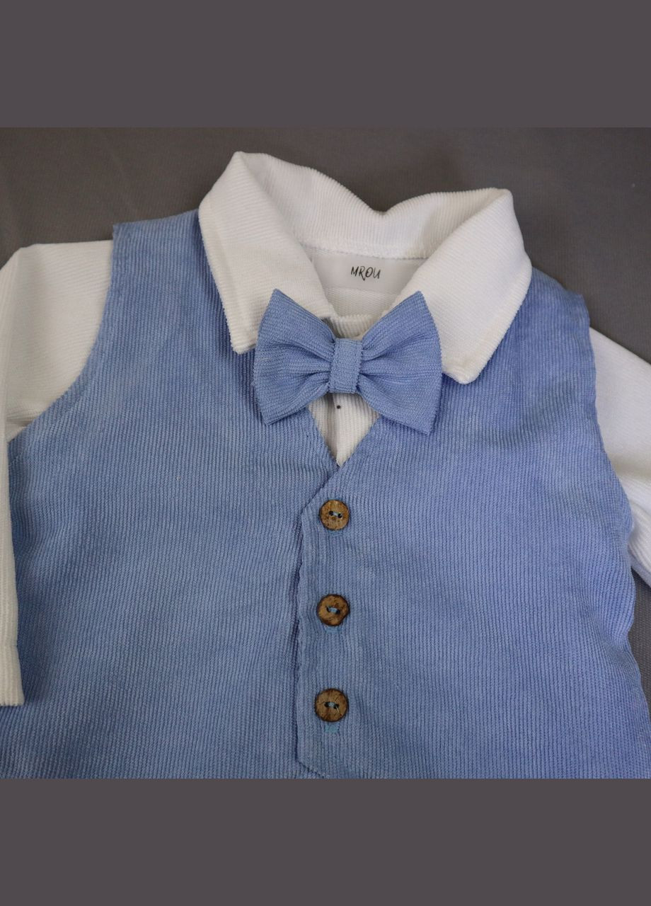 Вельветовый костюм для мальчика: голубие брюки, белая рубашка и бабочка+жилетка | На годик, крестины No Brand (328439940)