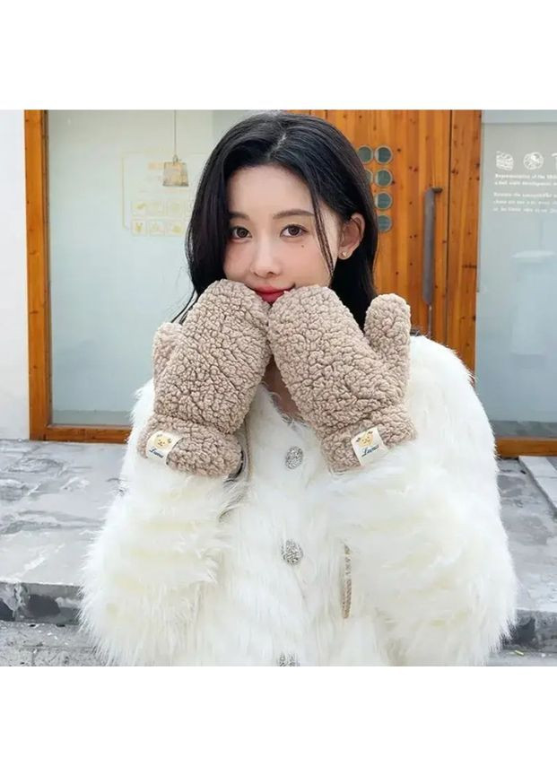 Перчатки меховые пушистые Медвежонок Тедди на шнурке унисекс One Size, тёплые зимние варежки из меха тёмно-бежевые No Brand (362961364)