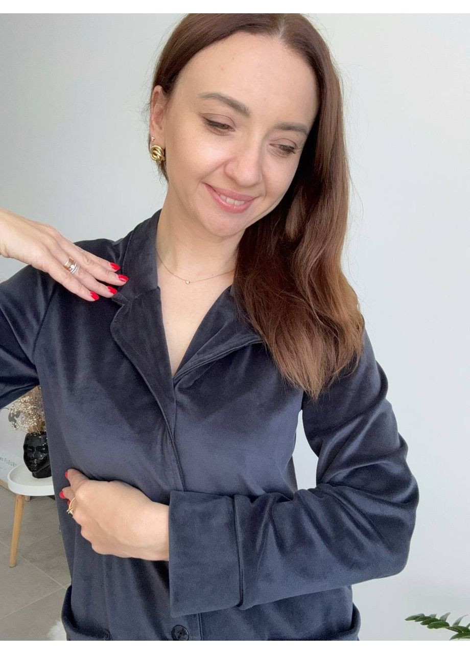 Качественный женский велюровый халат на пуговицах графитового цвета. No Brand (358068716)