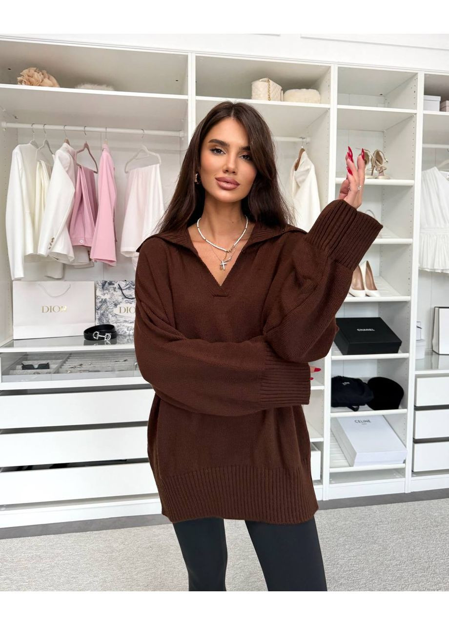 Темно-коричневый демисезонный женский удлиненный свитер оверсайз с воротником MonCher
