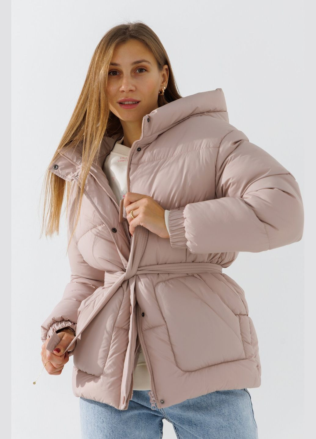 Светло-бежевая демисезонная куртка однотонная женская wbc02420 светло-бежевый shop (2000990830302) LAWA