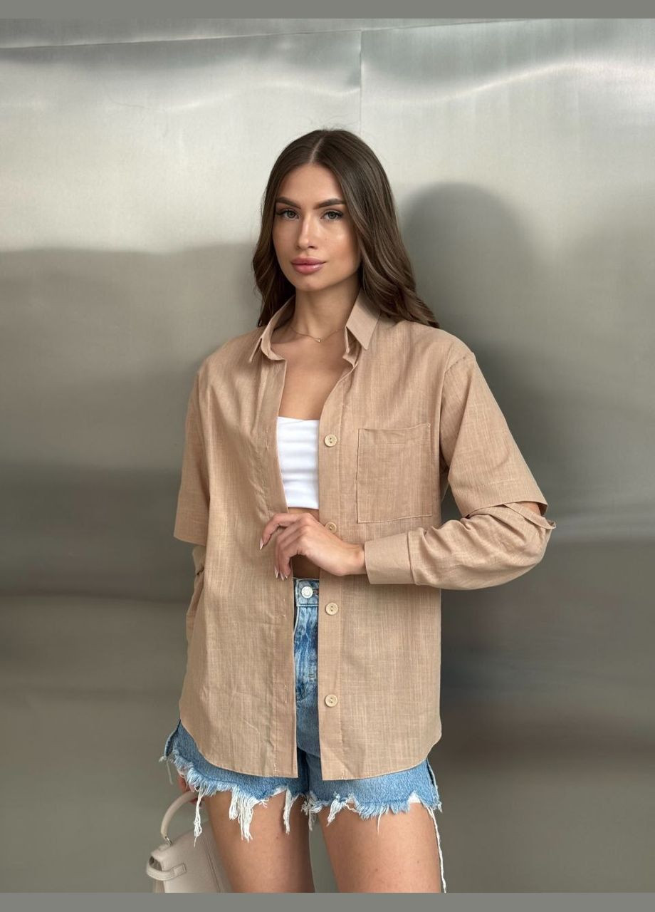 Жіноча л'яна сорочка з прорізами на рукавах беж You Best (331606279)