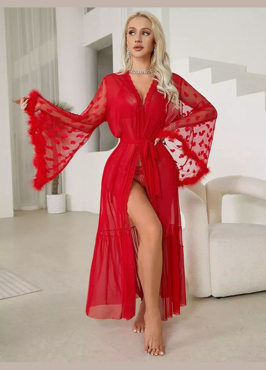 Халат длинный женский полупрозрачный рукава декорированы сердцами и мехом цвет черный No Brand Халат Valentino (322074240)