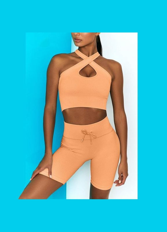 Комплект для фітнесу (спортивний костюм) топ та велосипедки Рубчик 9637 S персиковий Fashion (336547409)