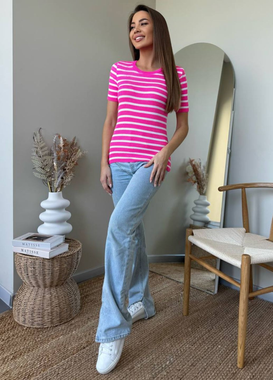 Базова повсякденна приталена кофта в рубчик в смужку з короткими рукавами Україна (330748744)