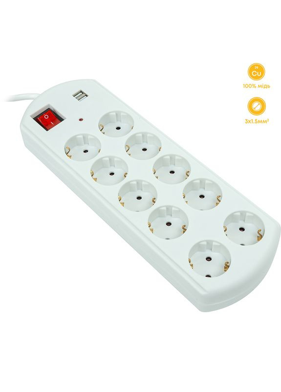 Сетевой фильтр 10м, 3x1.5мм2, 10А, 10 розеток, 2xUSB, евро, 100% медь (YSN6065/10) PowerPlant (314836147)
