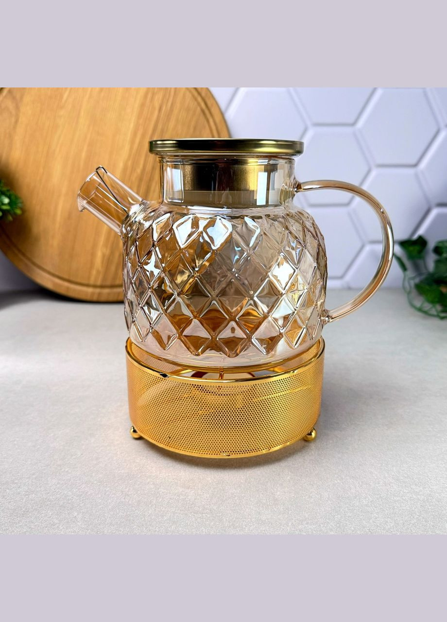 Стеклянный чайник на подставке-подогреве 1л Золото Сетка No Brand (314874442)