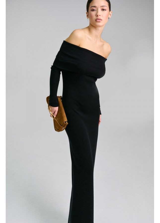 Черное праздничный нежное платье с открытыми плечами и эластаном для идеальной посадки (2824) Triko Bakh