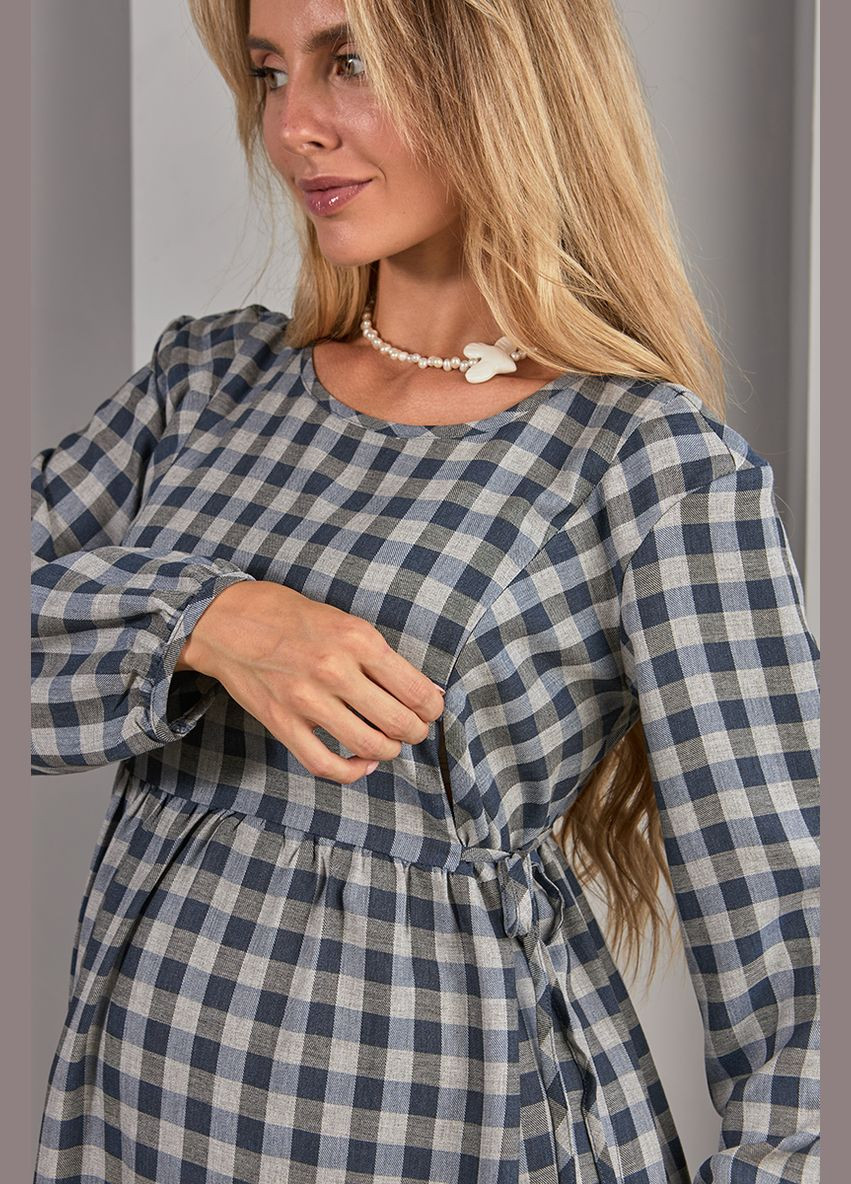 Серо-синее платье для беременных и кормящих в клетку с секретом кормления серо-синее Юла мама в клетку