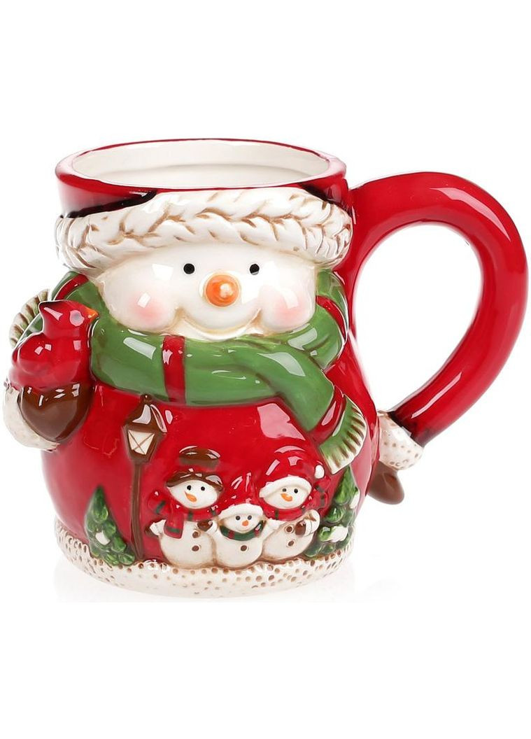 Керамическая кружка фигурная Снеговики 450мл красный для новогоднего стола подарок для семьи Bona (368986184)