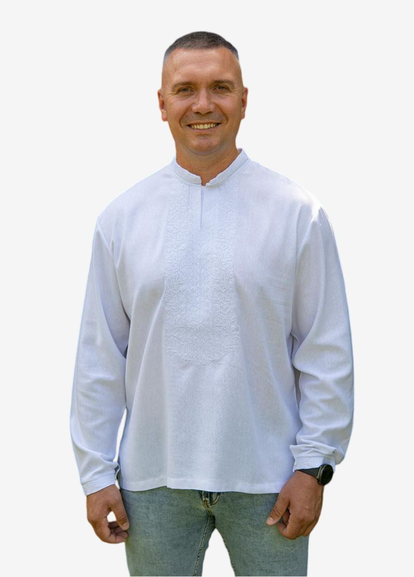 Белая льняная мужская вышиванка классическая белая Україна лен (322641019)