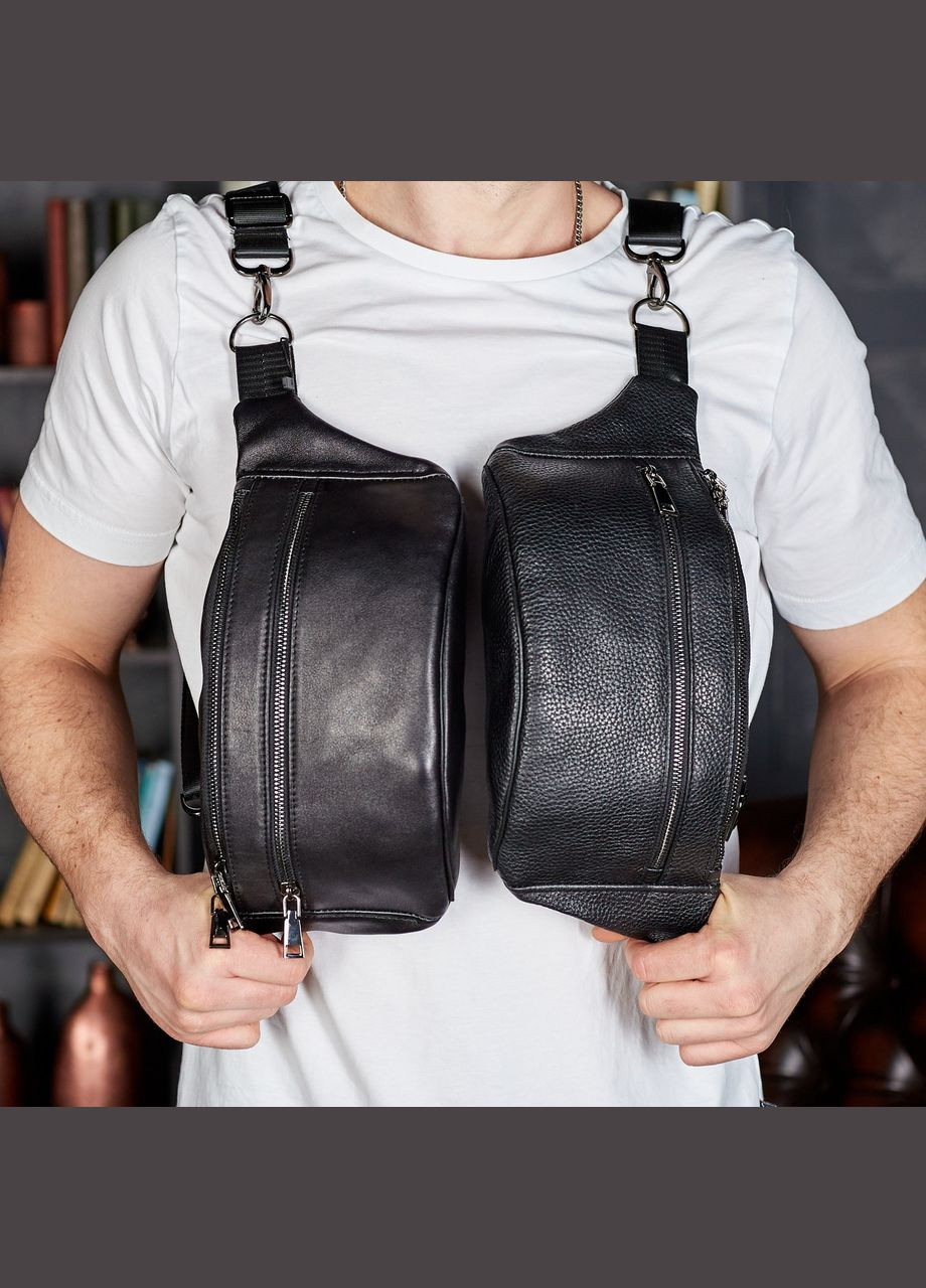 Черная мужская бананка из натуральной гладкой кожи с двумя отделениями и наружными карманами. Tiding Bag (298571640)