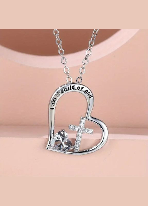 Серебристый женский кулон на цепочке Сердце с крестом и белым кристаллом надпись «Я дитя Бога» 2 см цепочка 45+5 см AurumLux5158 Liresmina Jewelry (341677552)