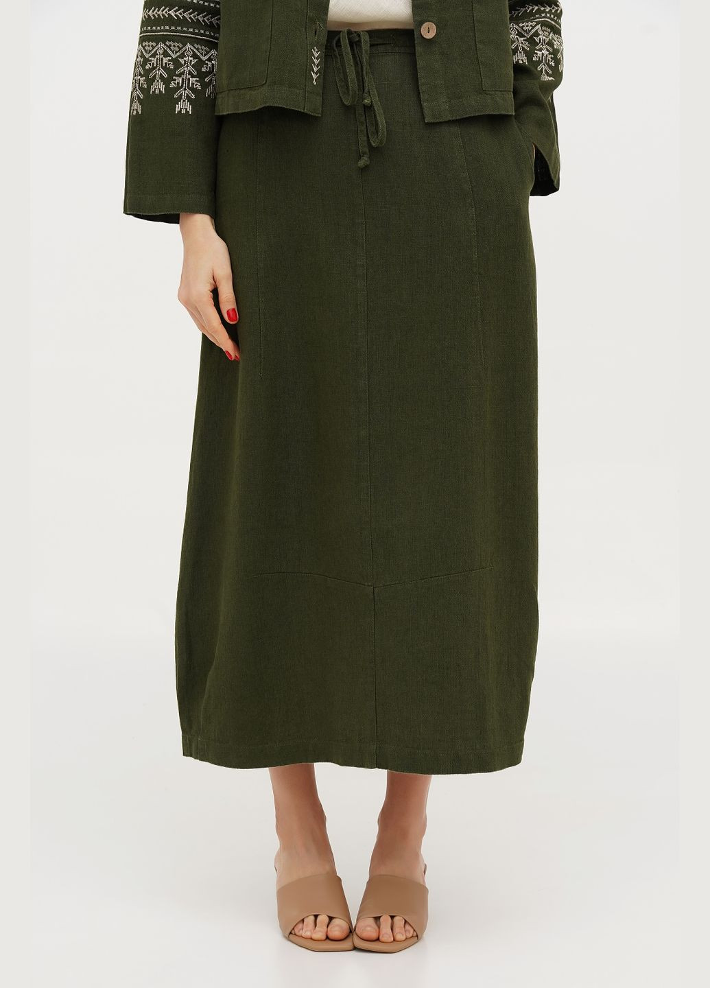 Зеленая женская юбка из льна в стиле бохо однотонная на резинке и завязке с карманами даная. синий, р.52, код 7420/52/999 ГАЛЕРЕЯ ЛЬОНУ
