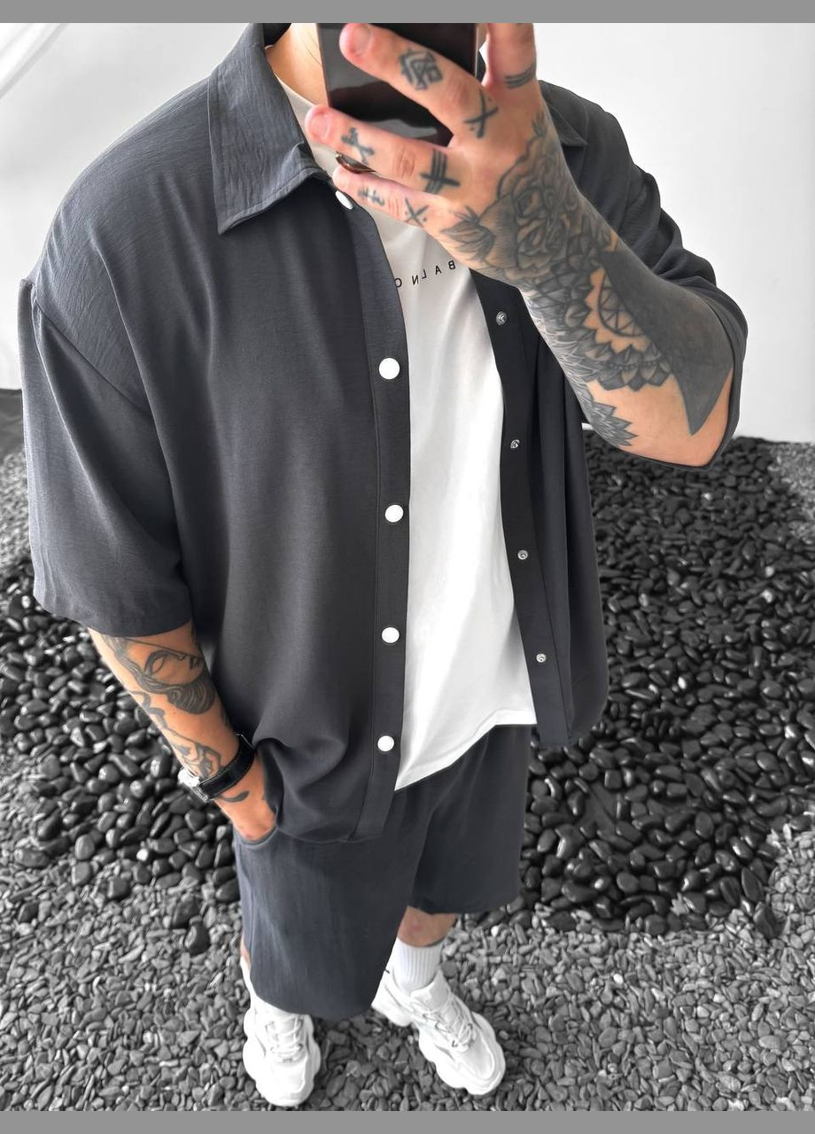 Графітовий літній костюм шорти і сорочка (креп) з сорочкою, з шортами Україна