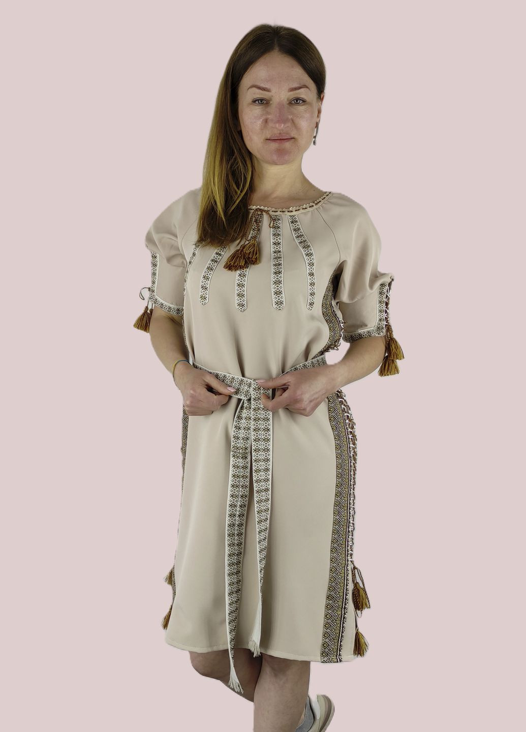 Бежевая женское вышитое платье национальное НоКо узор орнамент габардин (306741145)