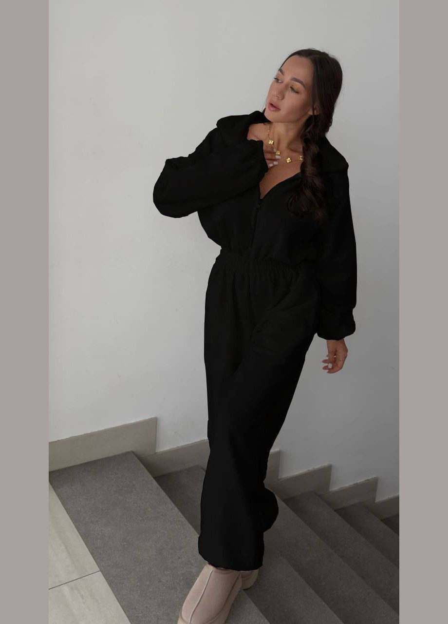 Комбінезон жіночий No Brand комбінезон-брюки однотонний чорний спортивний, повсякденний, кежуал, джинсовий фліс