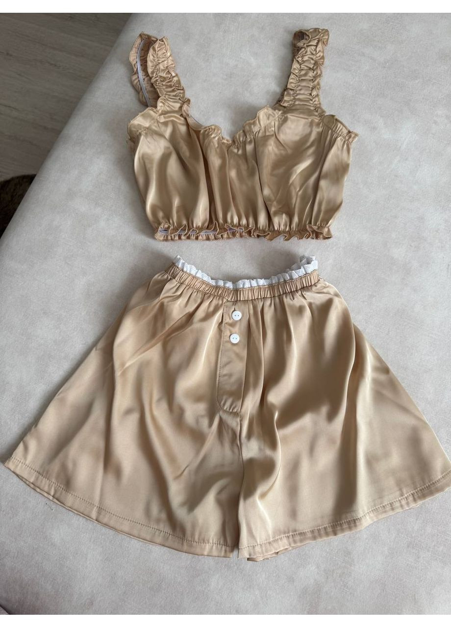 Бежева всесезон шовкова піжама з рюшами топ + шорти Україна