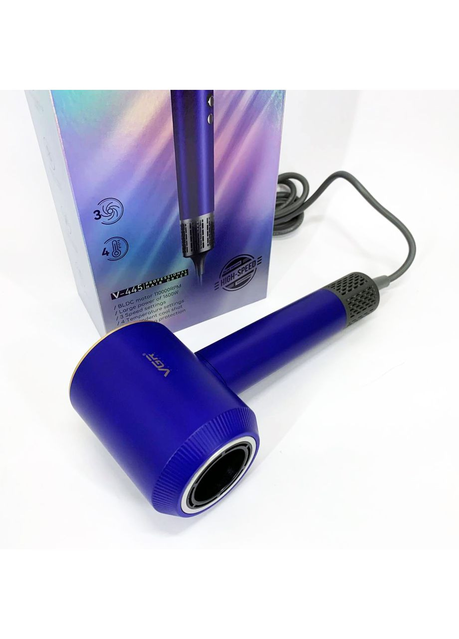 Фен профессиональный V-445 BLUE, 3 уровня обдува, 4 уровня температуры, 1600 Вт VGR (364666051)