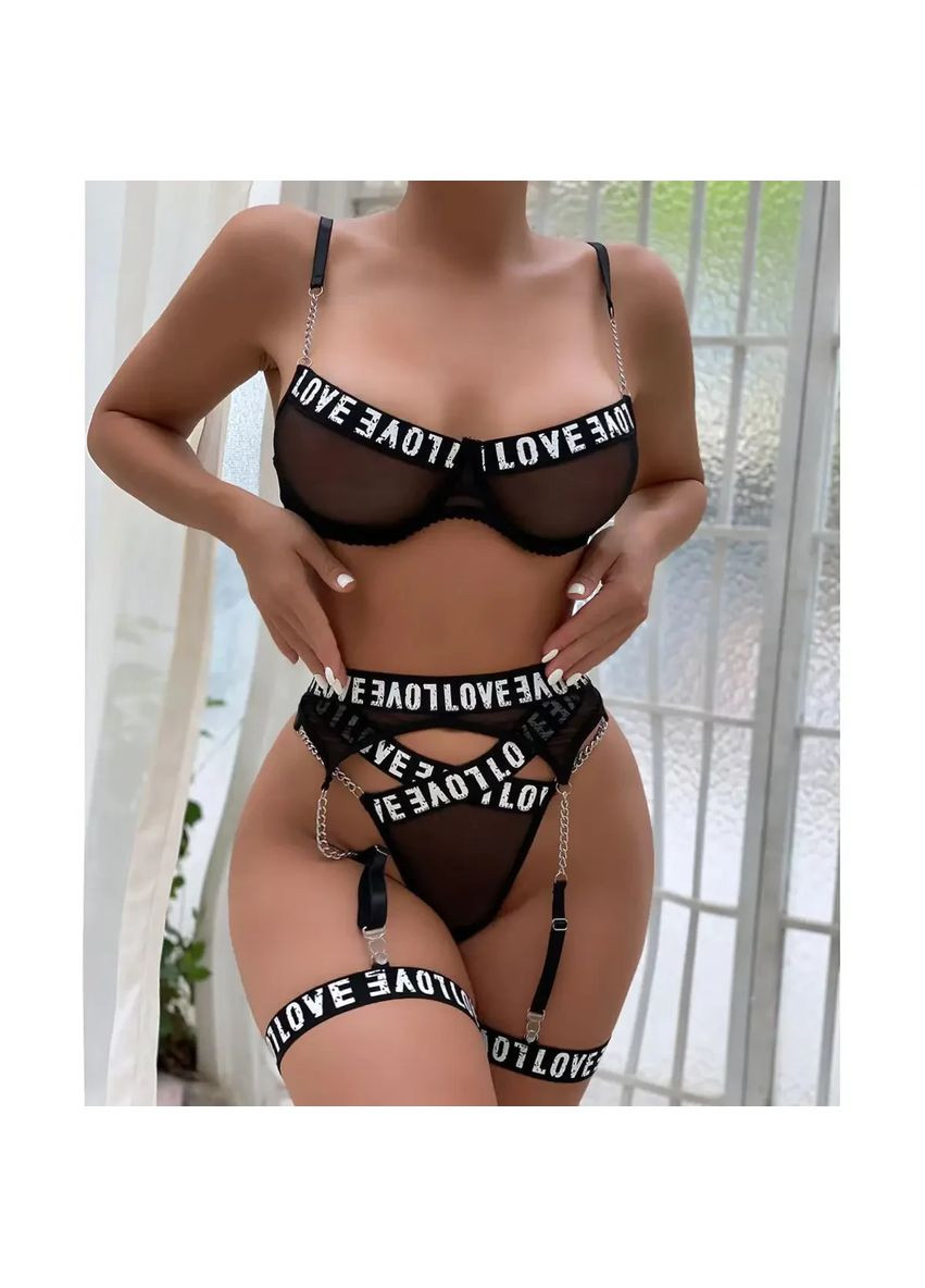 Черный демисезонный женское нижнее белье. женское белье для секса с надписью love с поясом для подтяжек и гартерами. No Brand
