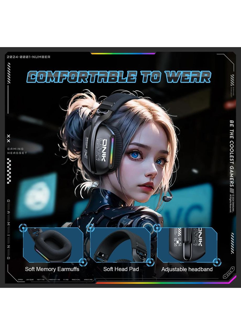 Беспроводные игровые наушники-гарнитура GT808 с микрофоном, шумопоглощением, RGB подсветкой и 3 режимами подключения. Onikuma (367182930)
