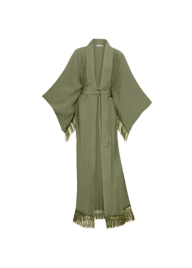 Халат-кимоно длинный на запах в японском стиле с поясом и бахромой Олива Garna (289362477)