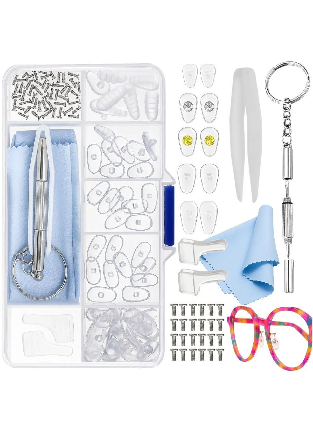 Комплект для ремонта очков с носоупорами отверткой носиками крючками кейсом 126 элементов 12,8×6,5×2,2 см (481495-Prob) Unbranded (362410047)