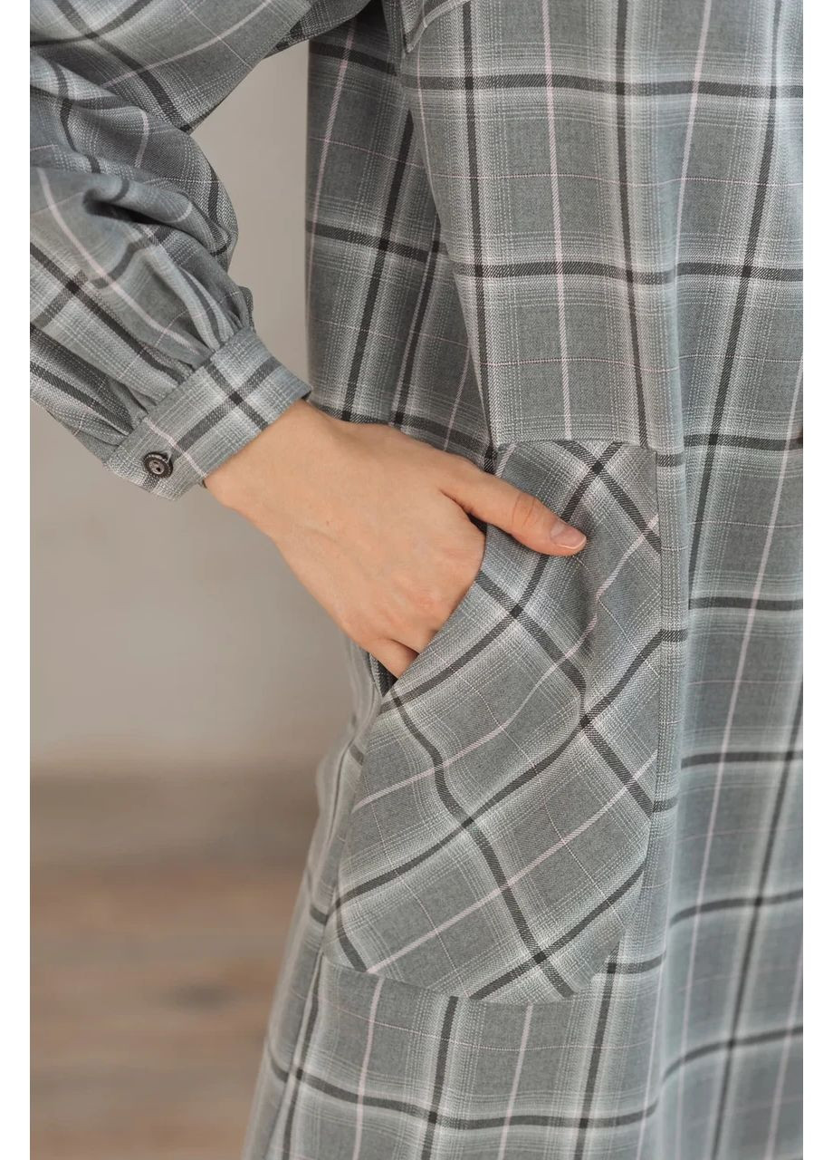 Серое кэжуал платье коттон шерсть длинный рукав клетка молния 46 серое Azuri