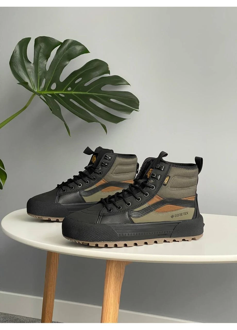 Оливковые (хаки) демисезонные кроссовки мужские Vans Old Skool MTE 1 Gore Tex HI Black Khaki Winter Fur | Ванс Олд Скул MTE 1 Гор Текс
