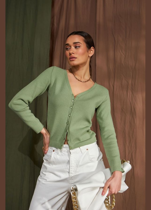 Зеленый демисезонный женский укороченный кардиган с вискозой и шелком (2463) Triko Bakh