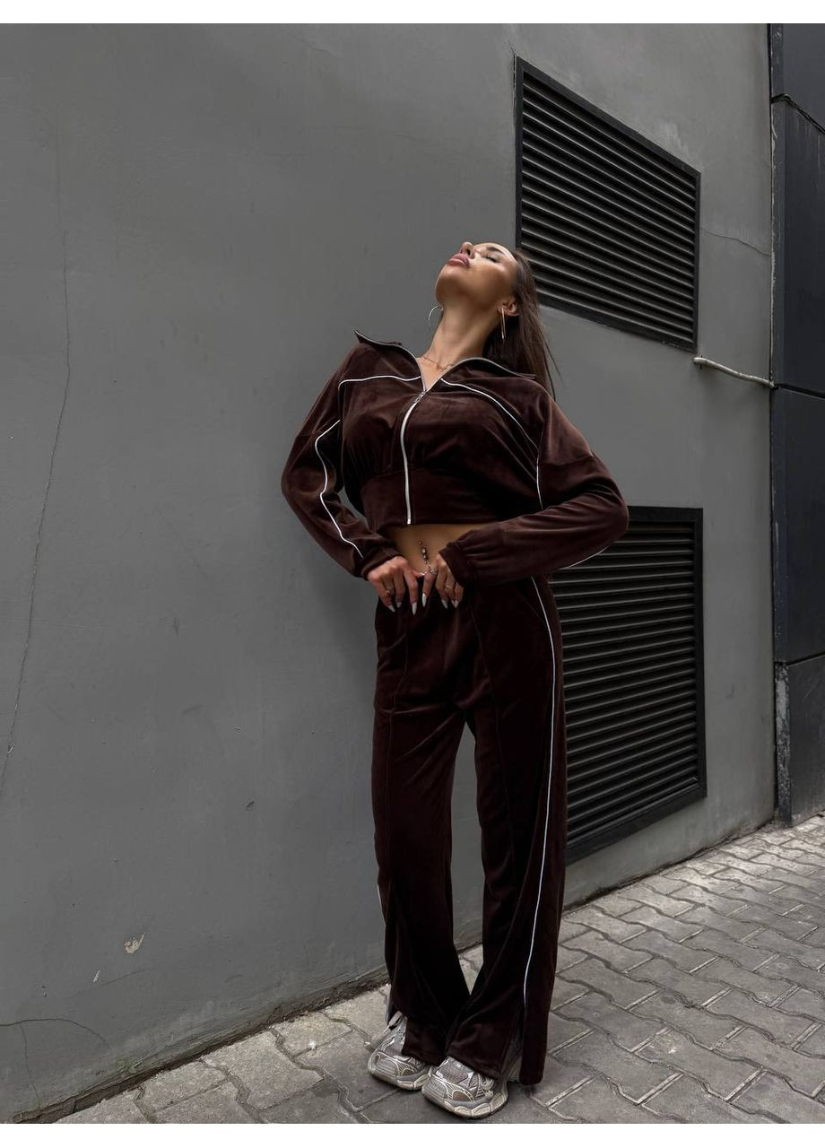 Жіночий велюровий костюм двійка: укорочена кофта на блискавці та брюки з високою посадкою MonCher (361146214)