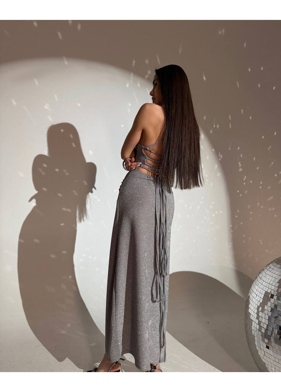 Серебряное вечернее женское блестящее платье со шнуровкой на спине Гермес однотонное