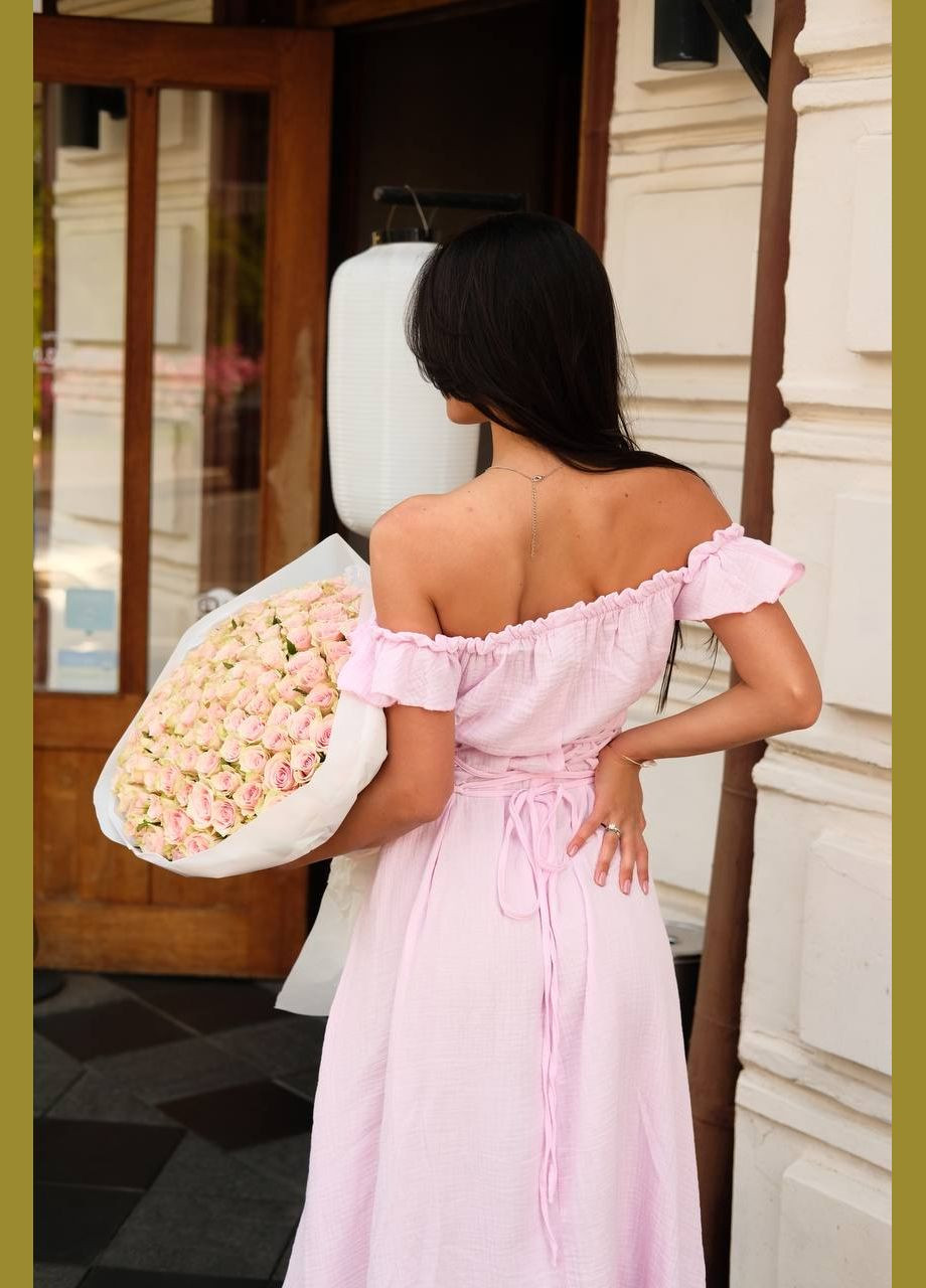 Розовое натуральное муслиновое (100% хлопок)платье-трансфомер, плечи можно приподнять или опустить, талия регулируется шнуровкой No Brand