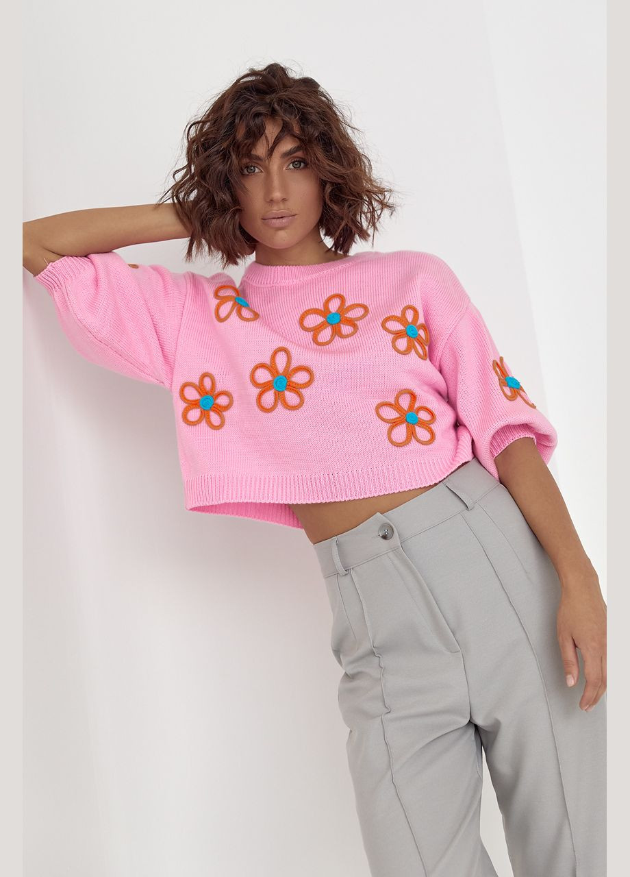 Рожевий демісезонний жіночий укорочений джемпер соковитою аплікацією - рожевий Lurex