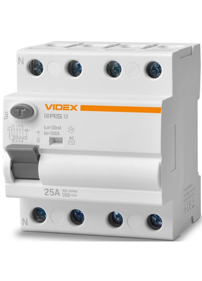 Пристрій захисного відключення (ПЗВ) RESIST АС 4п 30мА 10кА 25А (VF-RS10-DR4AC25) Videx (282312930)